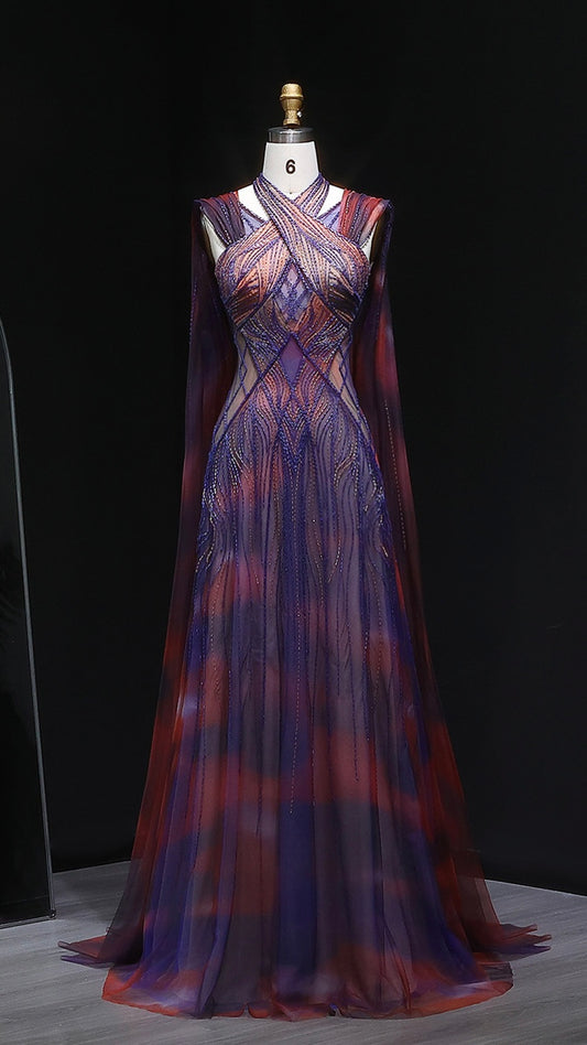 “Sunset Glow” Gown Hand Embroidered Luxury Dress in Violet & Fire Tones with Flowing Cape