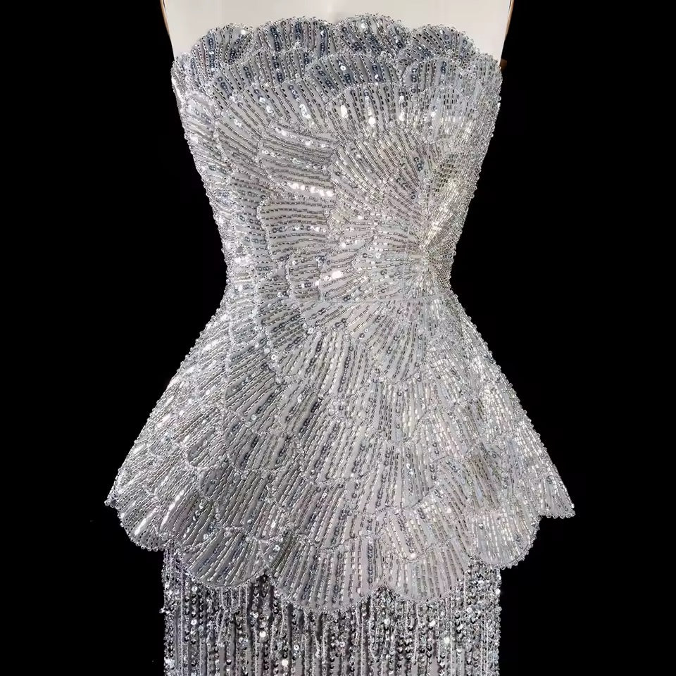 Silver Crystal-Embellished Peplum Fringe Gown