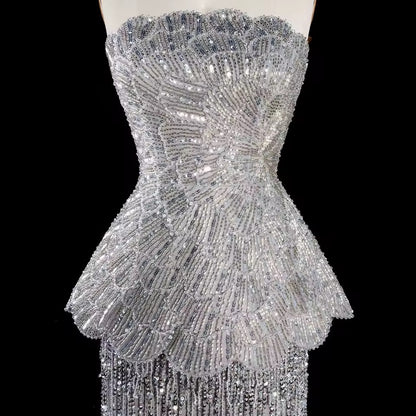Silver Crystal-Embellished Peplum Fringe Gown