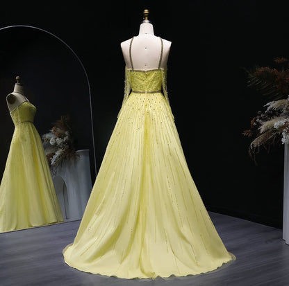 Yellow Beaded Dress with Gloves and Unique Neckline