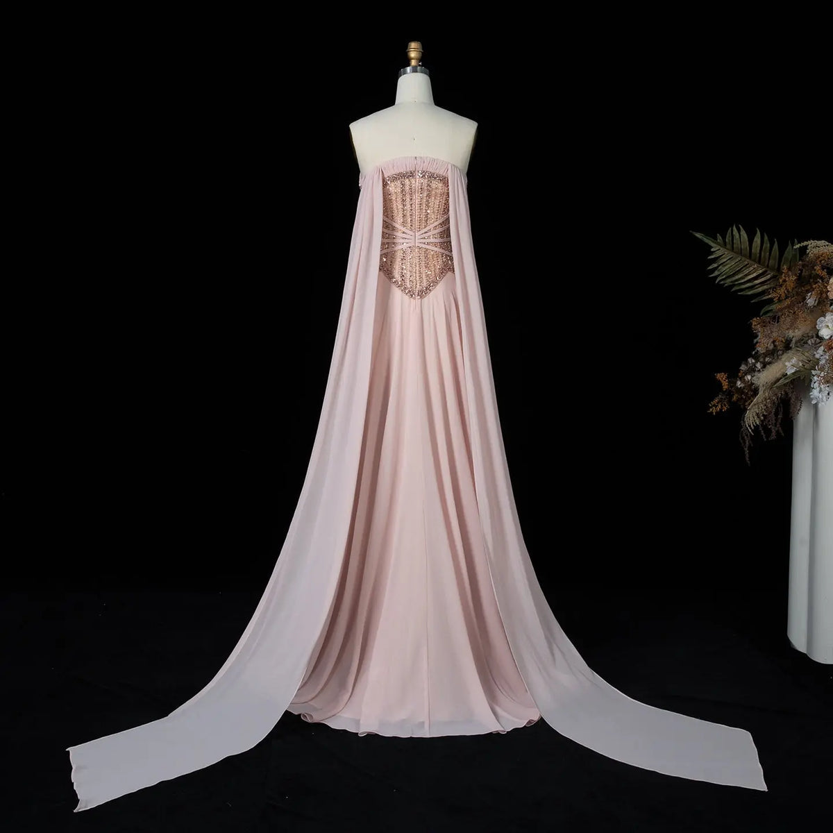 Luxury Strapless Gown with Ornate Corset-Style Waist and Dramatic Cape Scarves