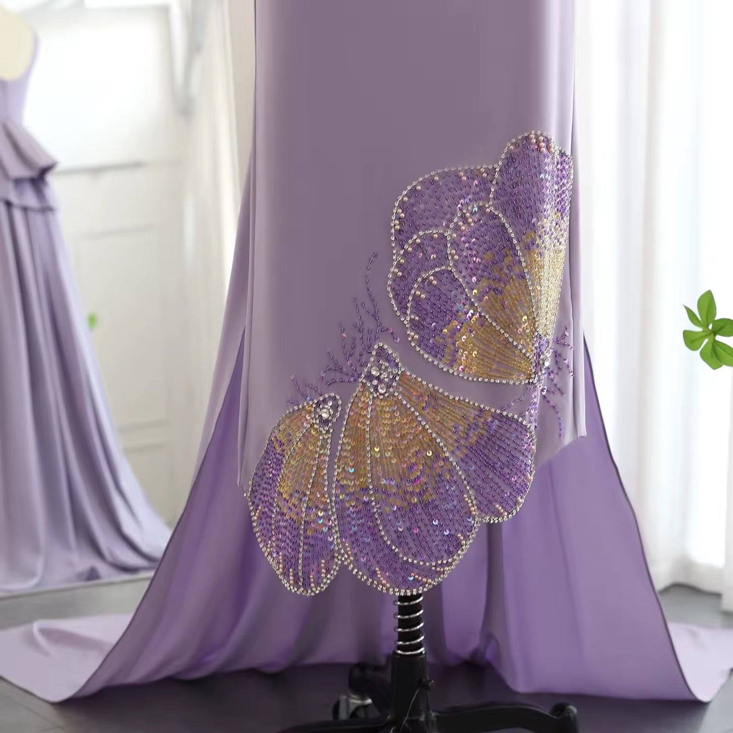 Elegant Fitted Gown with Beaded Butterfly Detail