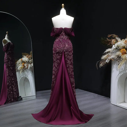 Burgundy "Orchid" Off-Shoulder Gown with Floral Crystal Embroidery and Satin Inset Train