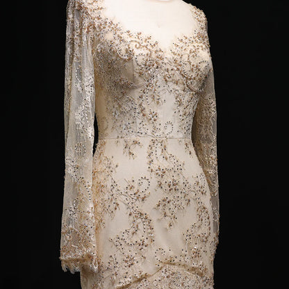 “Lace Elegance” Gown – Beaded Gold Embroidery in Mermaid Silhouette