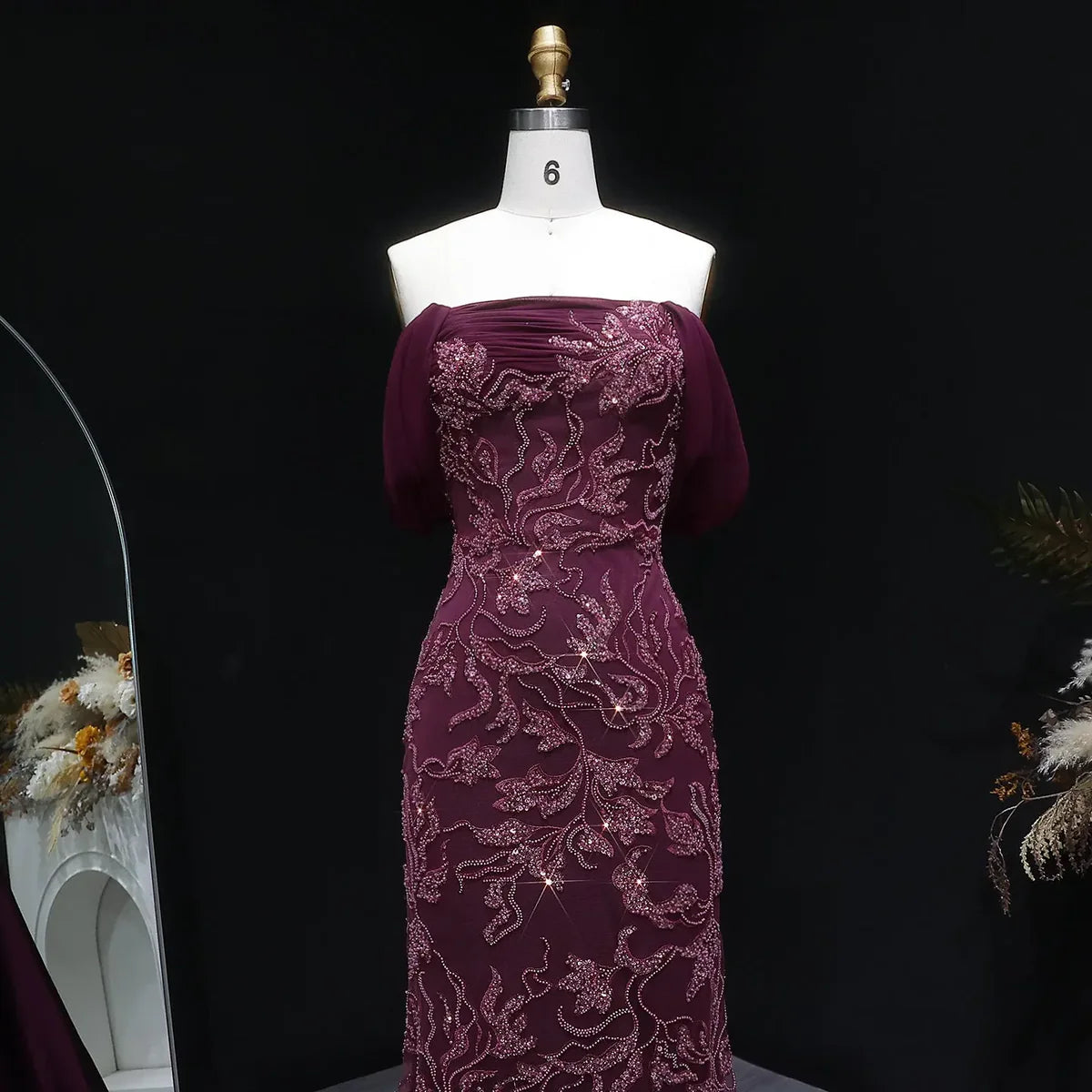 Burgundy "Orchid" Off-Shoulder Gown with Floral Crystal Embroidery and Satin Inset Train