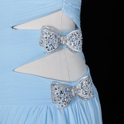 Light Blue Halter Chiffon Gown with Side Cut-outs & Crystal Bows