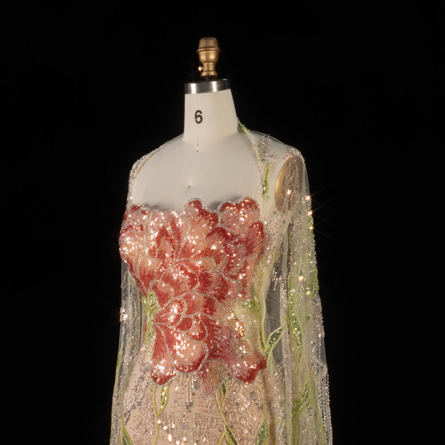 Floral Embroidered Crystal Gown with Fringed Cape Sleeves