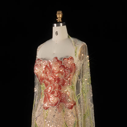 Floral Embroidered Crystal Gown with Fringed Cape Sleeves