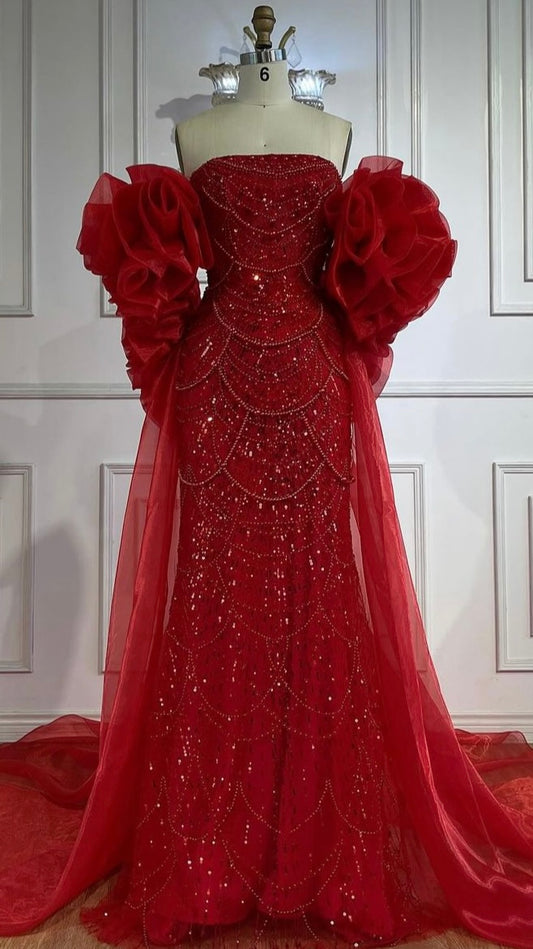 Red Long Cape Mermaid Evening Dress Gowns With Puffy Sleeves Beaded