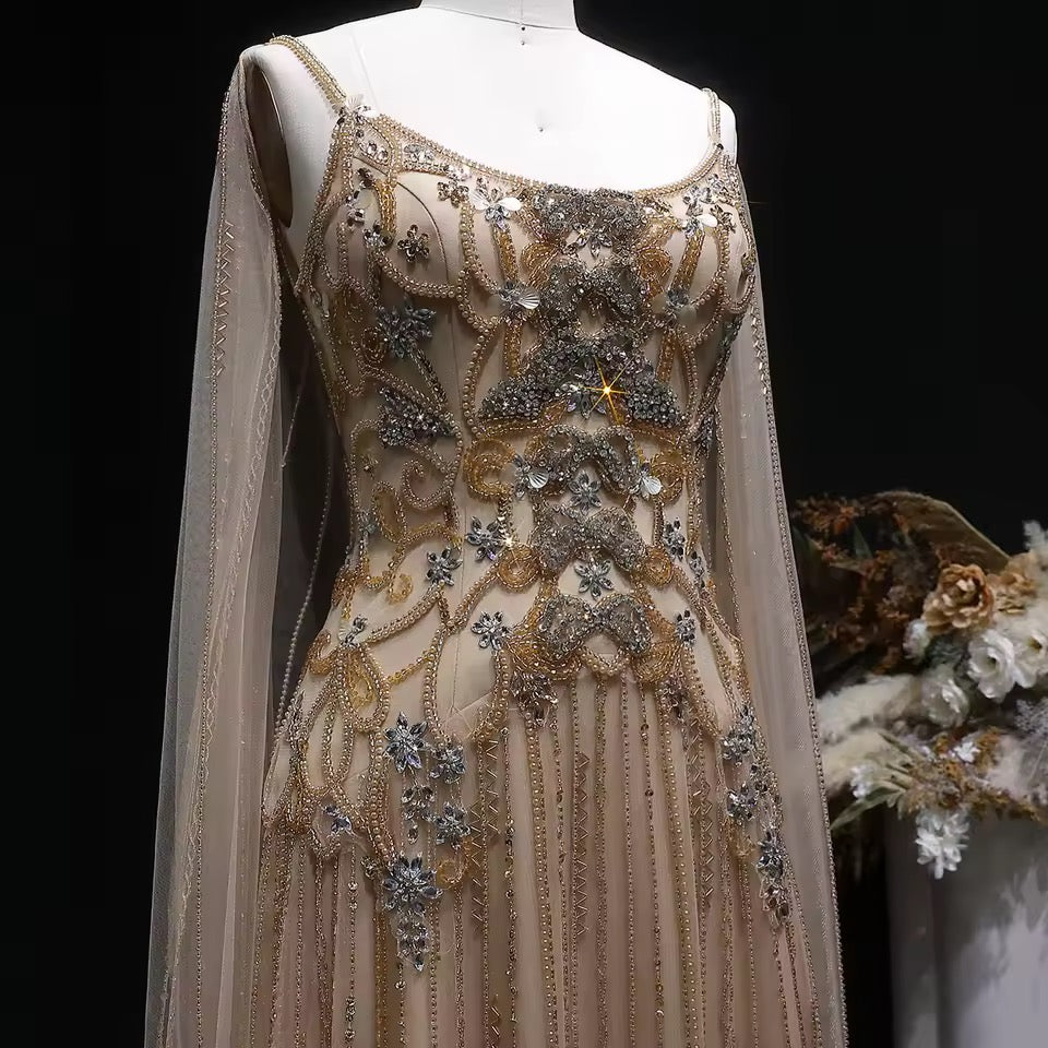 Luxury Champagne Crystal Evening Gown with Sheer Cape