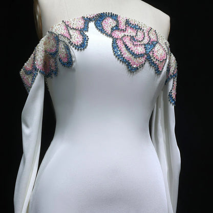 “Petal Edge” Sleek Gown with Off-Shoulder Sleeves and Crystal Floral Embroidery