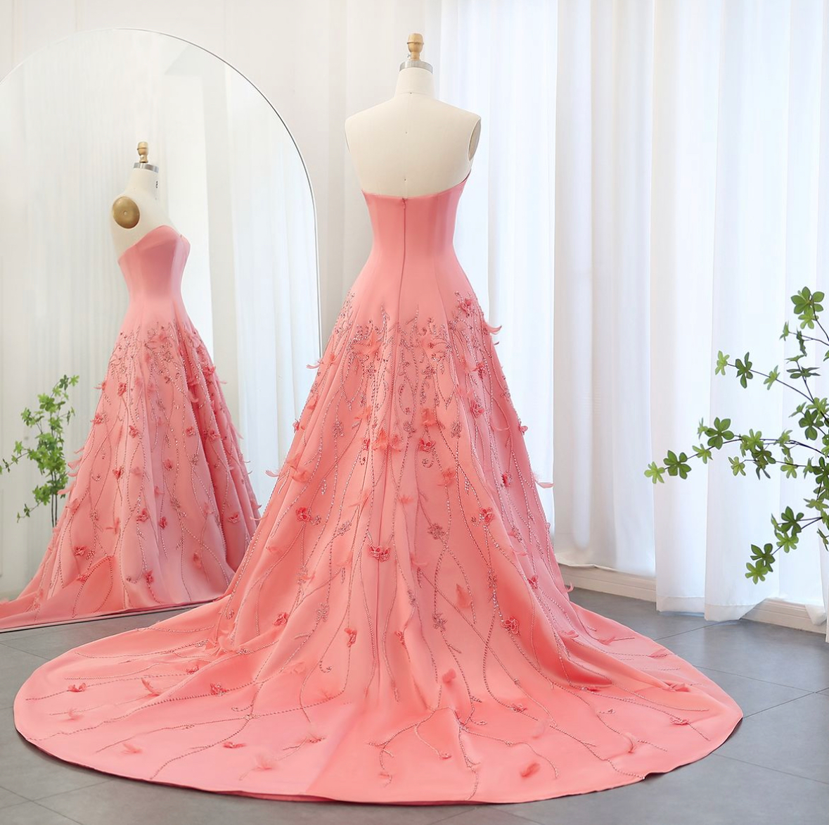 Luxury Feathers Coral Pink 3D Flowers Dress