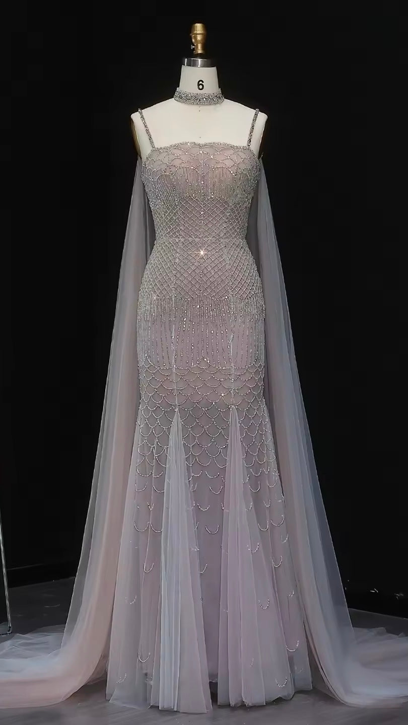 Elegant Beaded Lotus Pink Mermaid Evening Gown with Sheer Cape