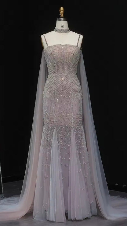 Elegant Beaded Lotus Pink Mermaid Evening Gown with Sheer Cape