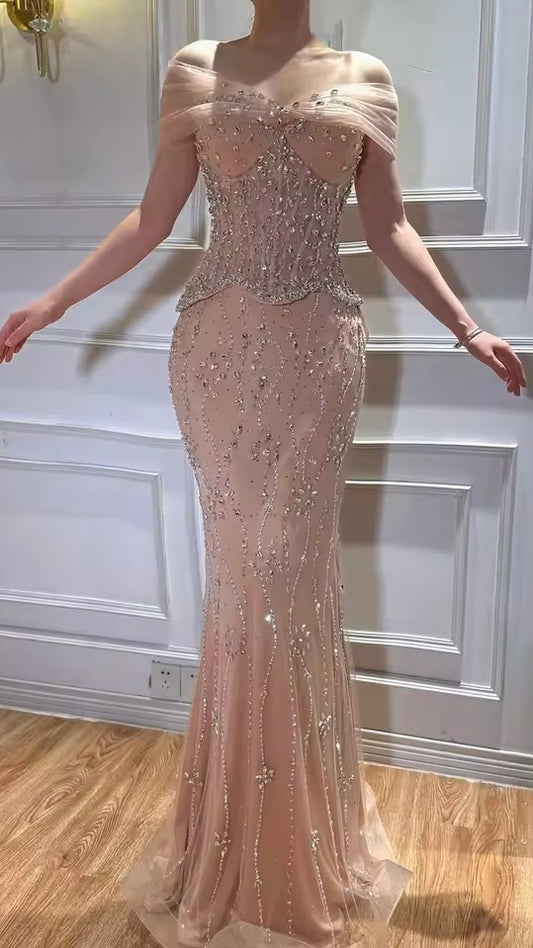 Luxury Peach Blossom Corset Gown with Crystal Rain Embroidery