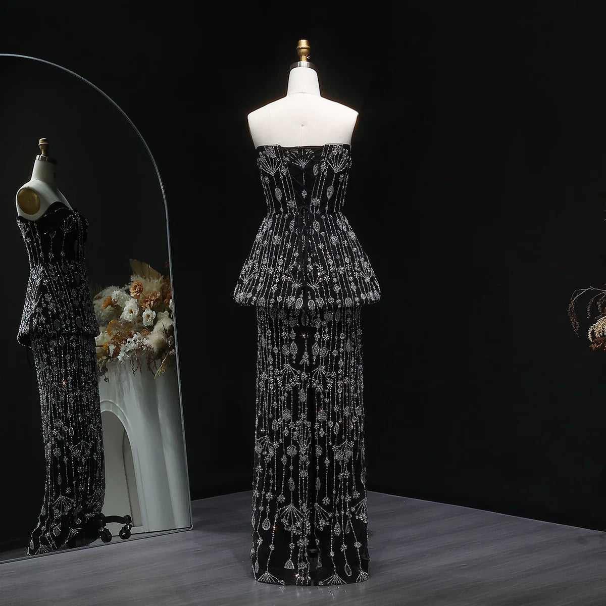 “Black Royale” Strapless Gown with Crystal Peplum and Full Embellished Skirt