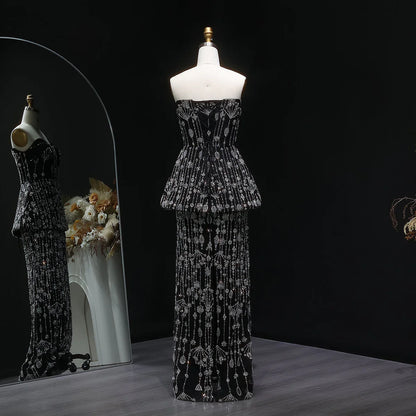 “Black Royale” Strapless Gown with Crystal Peplum and Full Embellished Skirt