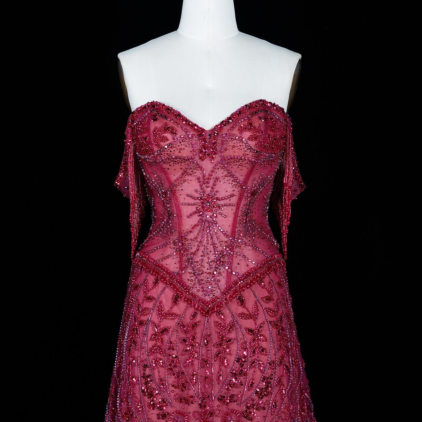 Luxurious Magenta Beaded Strapless Gown with Shoulder Beaded Fringe