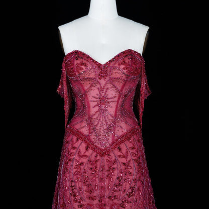 Luxurious Magenta Beaded Strapless Gown with Shoulder Beaded Fringe