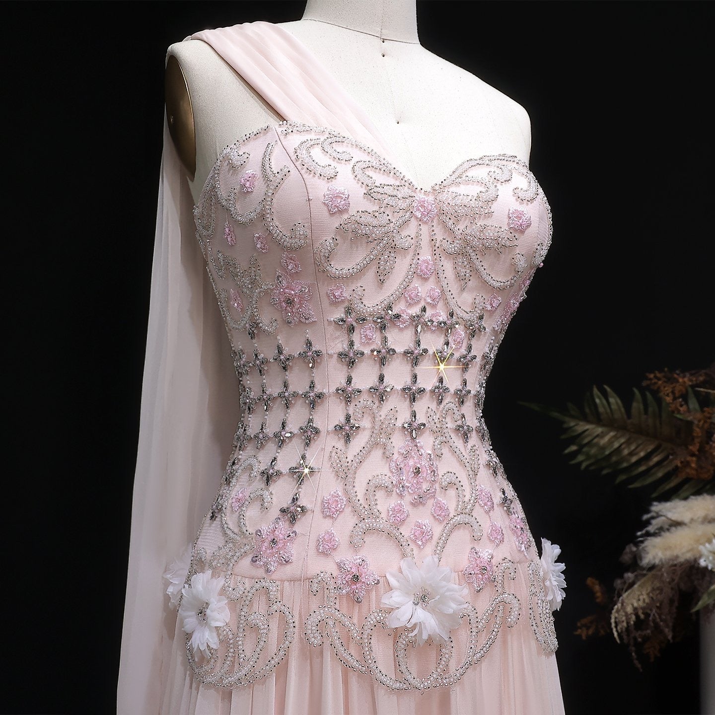 Dusty Pink One-Shoulder Beaded A-Line Evening Dress