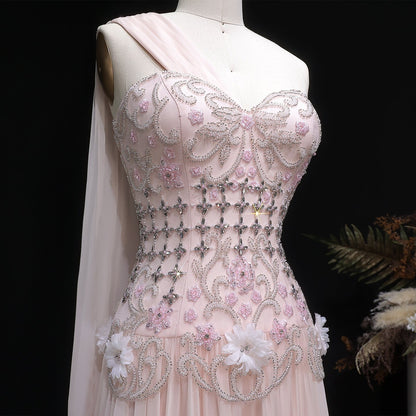 Dusty Pink One-Shoulder Beaded A-Line Evening Dress