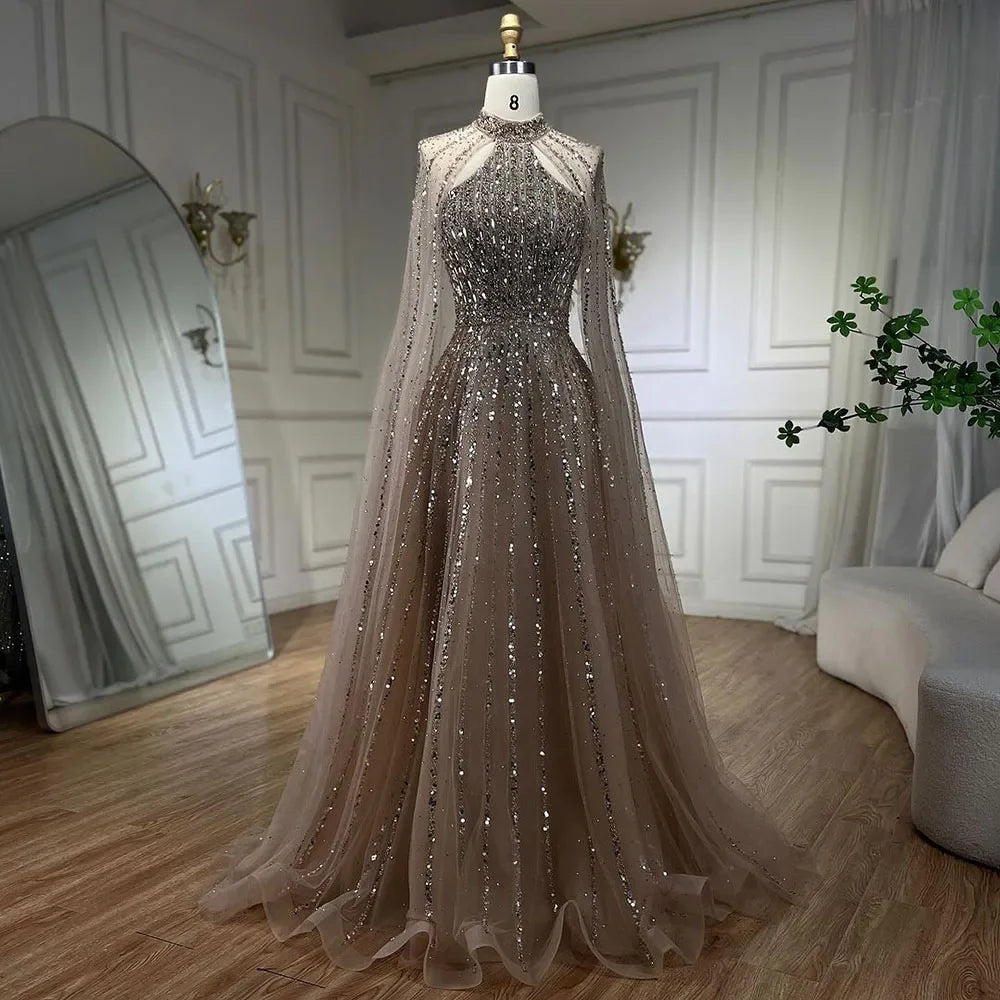 Mermaid Elegant Cape Sleeves Beaded Luxury Evening Dress