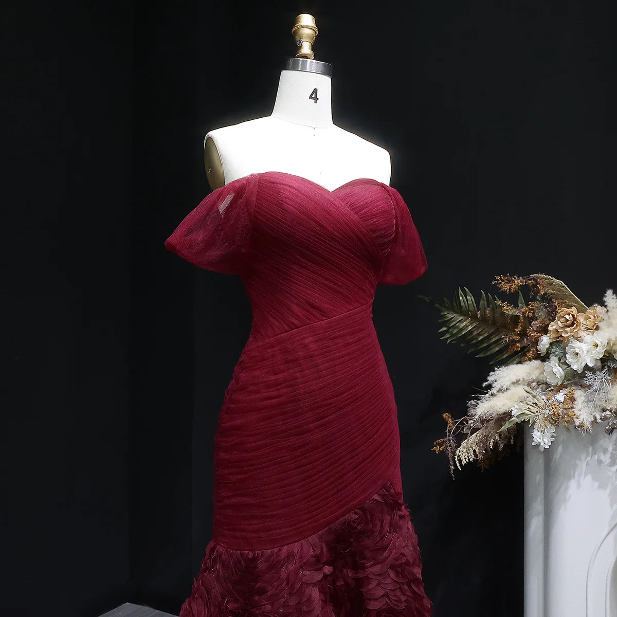Burgundy Off-the-Shoulder Evening Gown with Ruched Bodice & 3D Rosettes