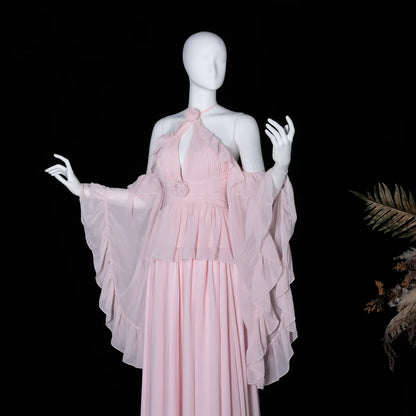 Romantic Pink Chiffon Gown with Rosettes & Angel Sleeves