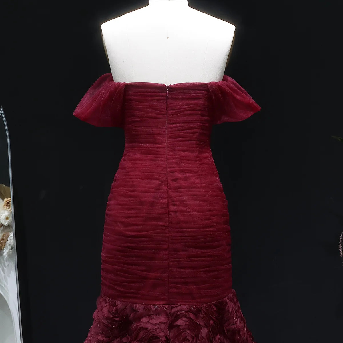 Burgundy Off-the-Shoulder Evening Gown with Ruched Bodice & 3D Rosettes