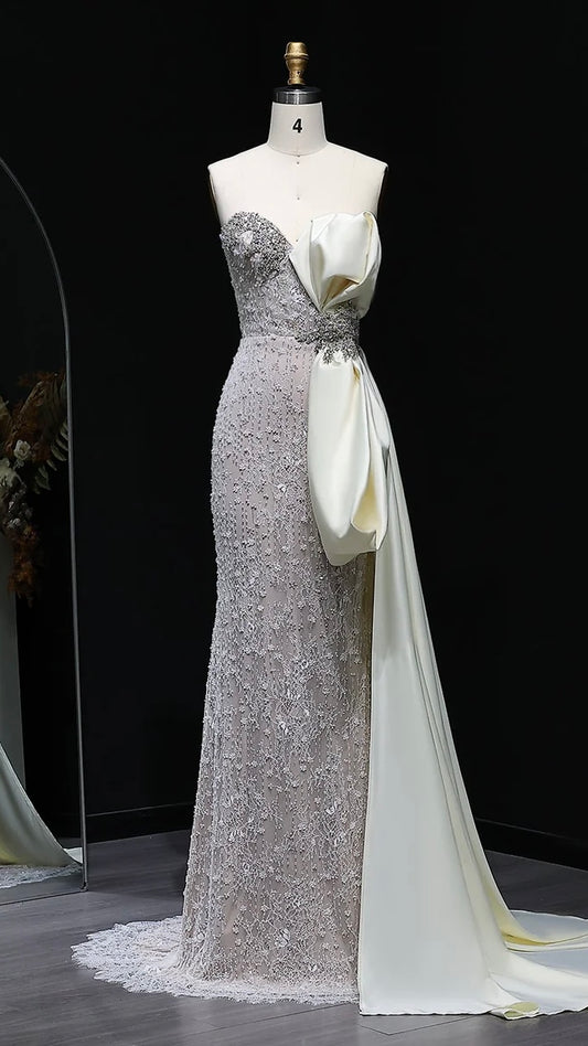 Strapless Crystal Gown with Satin Side Bow and Train