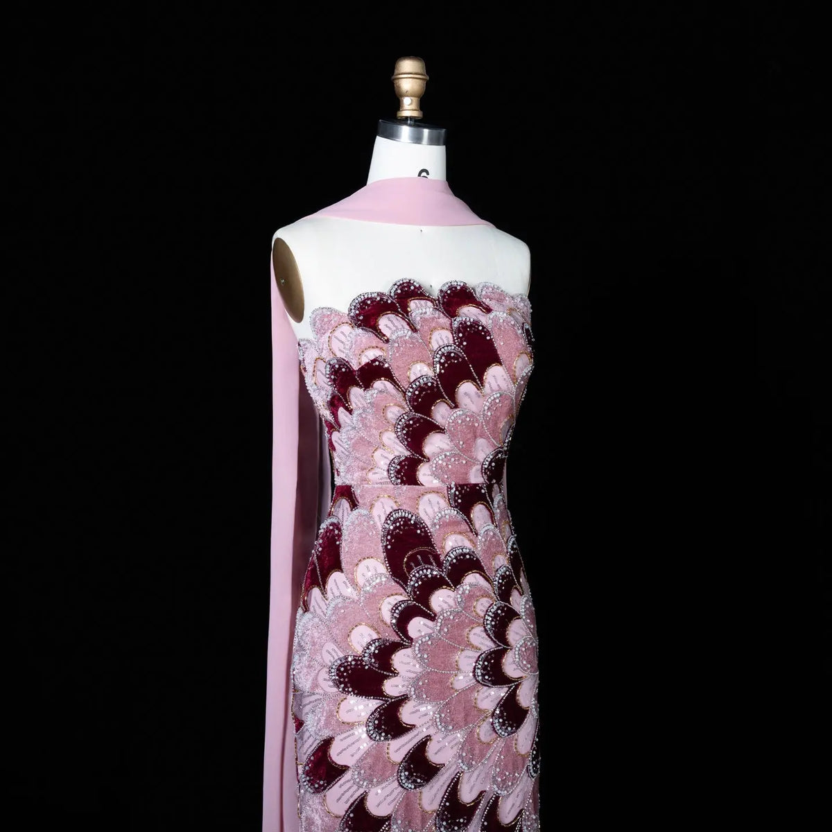 Elegant Strapless Dress with Scalloped Beadwork and Statement Cape