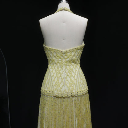 Exquisite Yellow Beaded Halter Neck Deep V Gala Gown