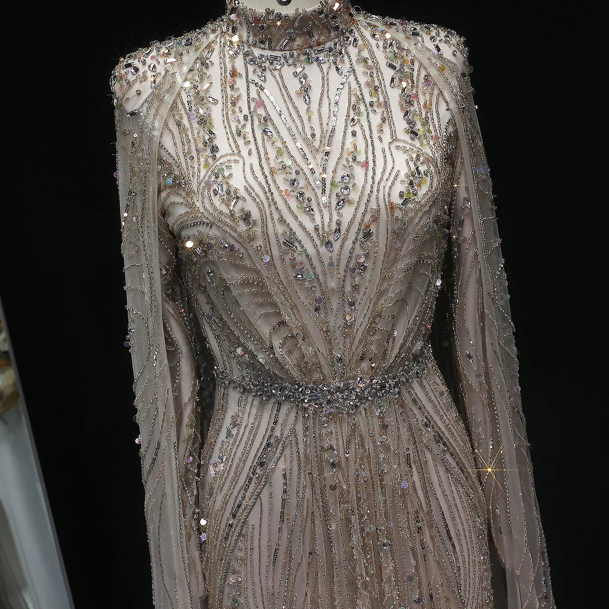 “Regal Dust” Embroidered High Neck Gown with Flowing Cape Sleeves