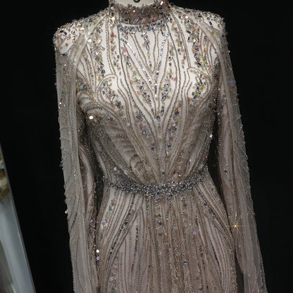 “Regal Dust” Embroidered High Neck Gown with Flowing Cape Sleeves