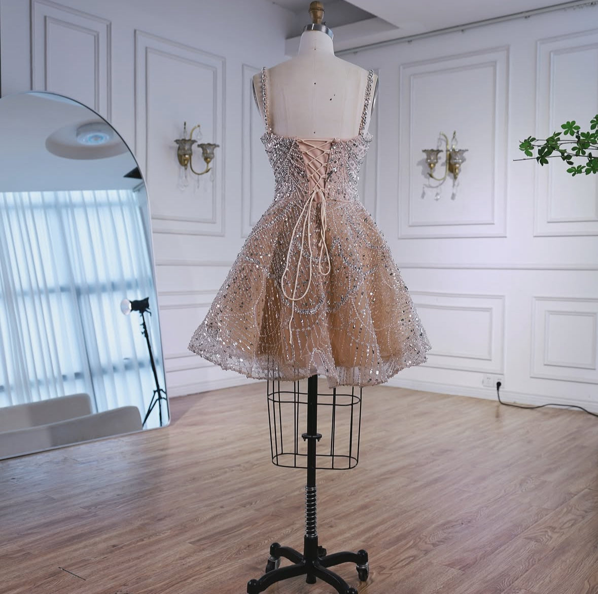 Luxury Nude Crystal A-Line Short Sparkly Cocktail Party Dress