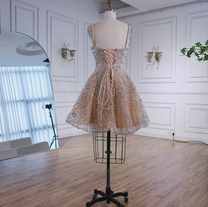 Luxury Nude Crystal A-Line Short Sparkly Cocktail Party Dress