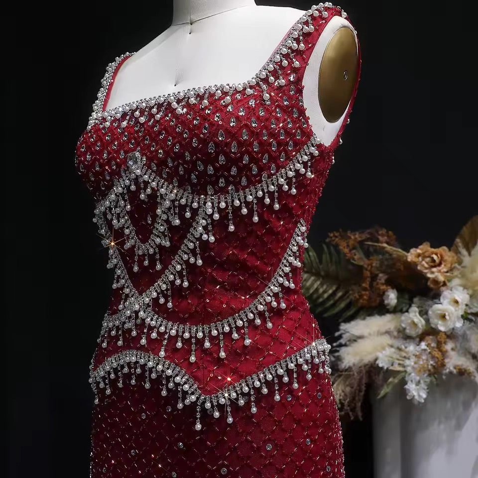 Luxury Beaded Crystal Long Straight Evening Dress