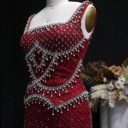 Luxury Beaded Crystal Long Straight Evening Dress