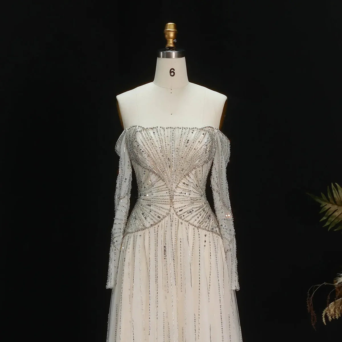 Luxury Off-the-Shoulder Gown with Radiating Linear Crystal Embroidery