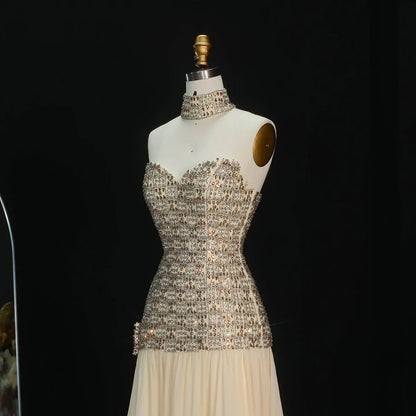 Elegant Fully-Beaded Bodice Dress with Matching Choker and Waist Bow