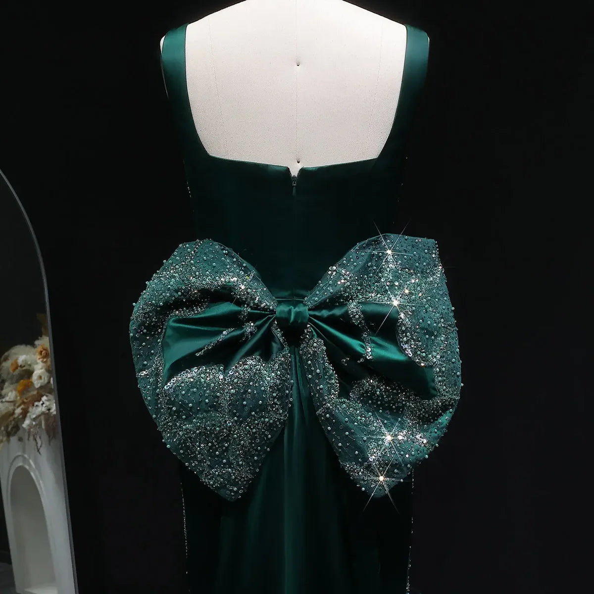 Emerald Crystal-Encrusted Gown with Back Satin Bow and Cathedral Train