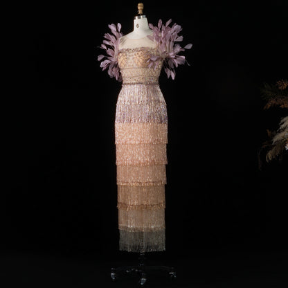 Luxurious Ombre Beaded Fringe Midi Cocktail Dress with Feather Sleeves