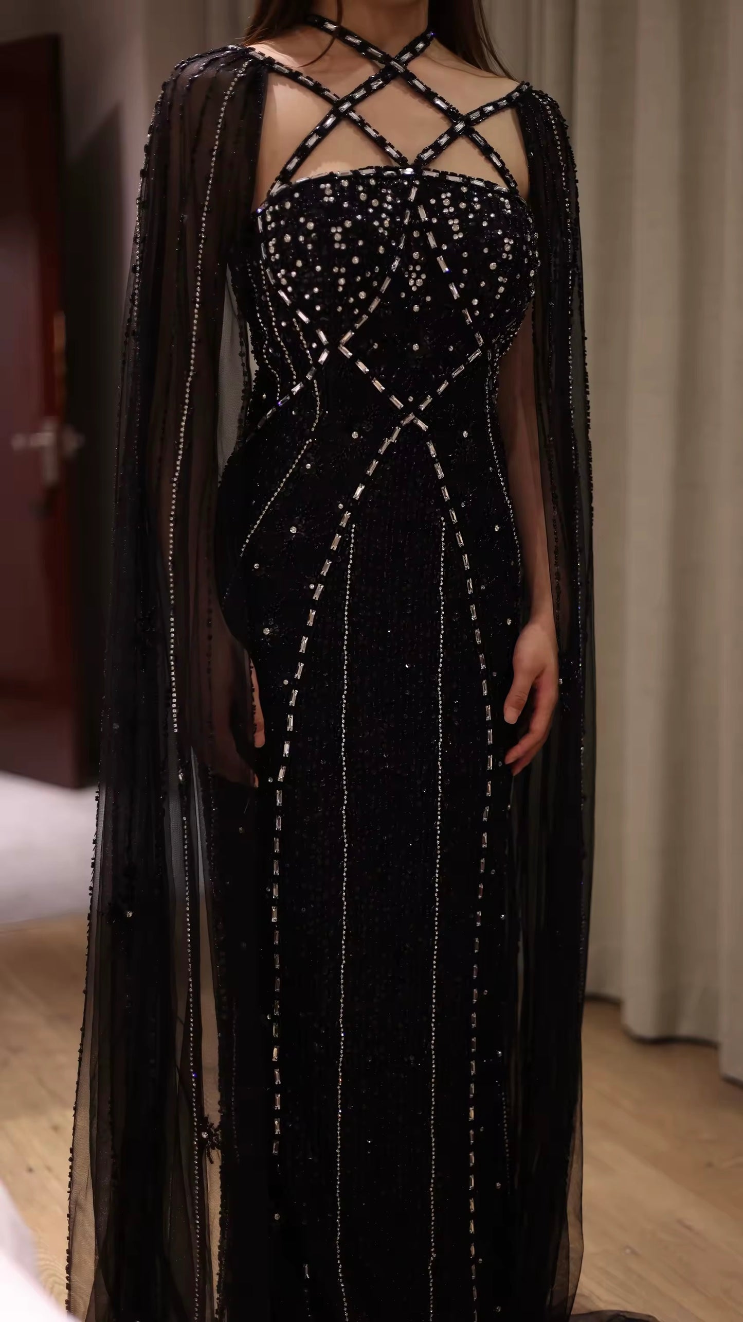 Elegant Beaded Gown with Open Sleeves and Crystal Detailing