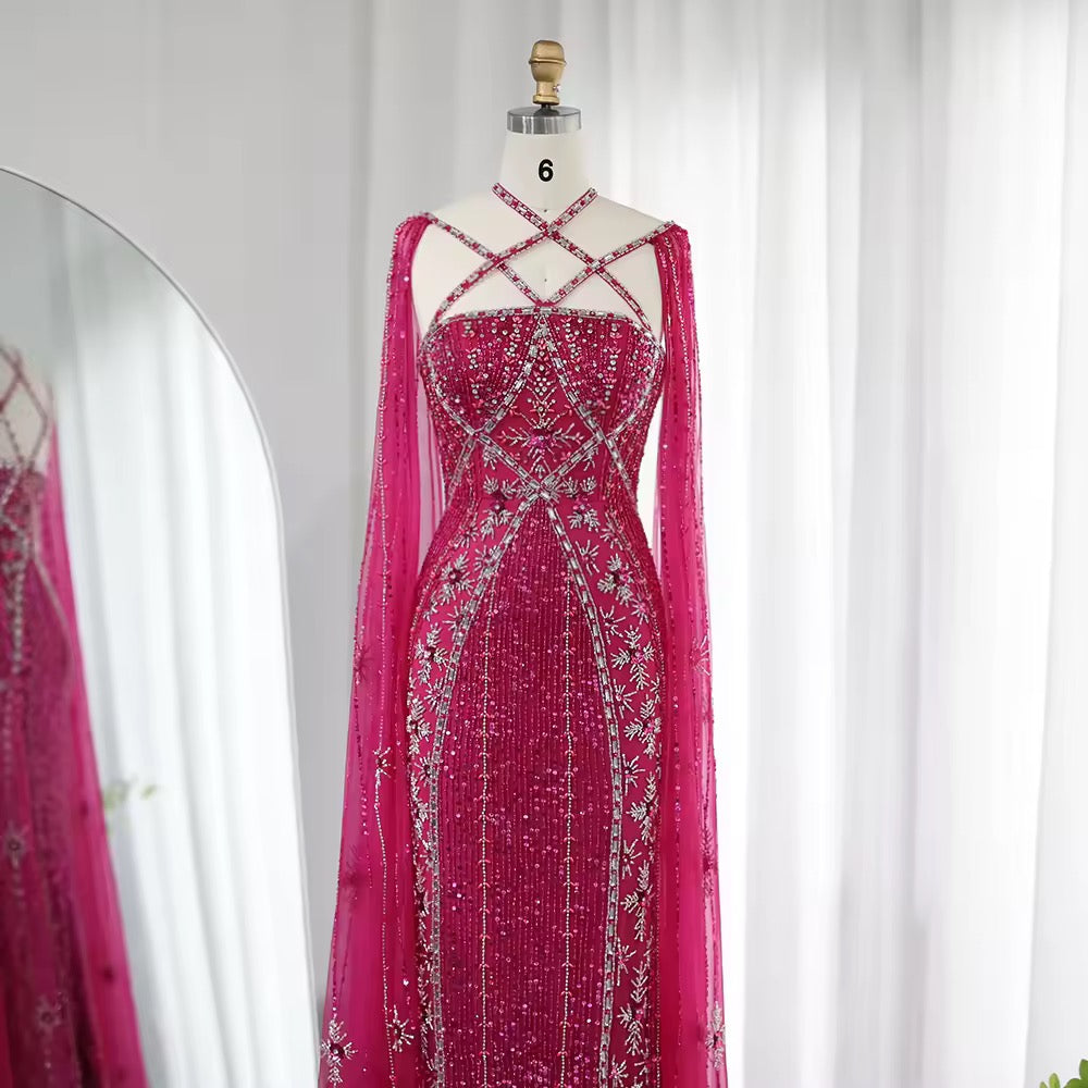 Elegant Beaded Gown with Open Sleeves and Crystal Detailing
