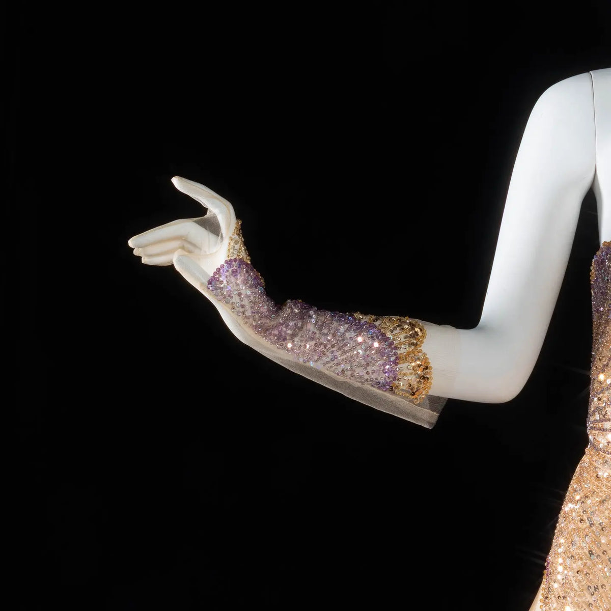 Luxury Strapless Satin Gown with Ornate Waves and Opera Gloves