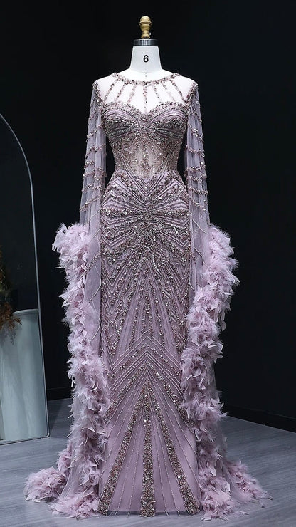 Luxury Caramel Beaded Mermaid Evening Dress with Feather Cape Sleeves