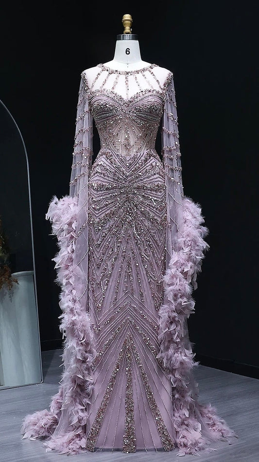Luxury Caramel Beaded Mermaid Evening Dress with Feather Cape Sleeves