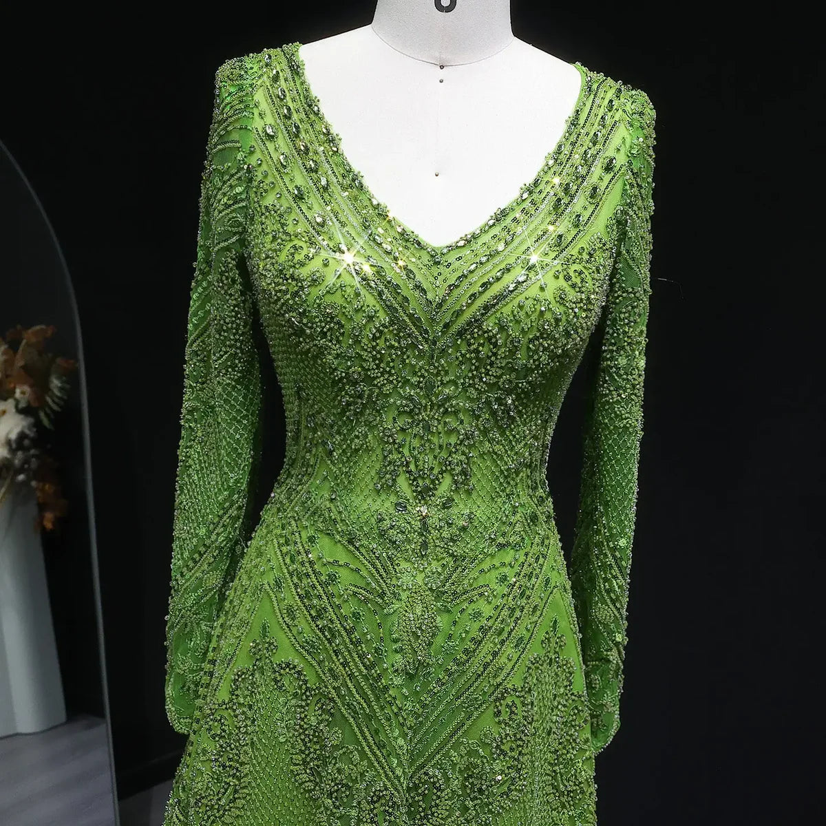 Lime Glow Full-Crystal Gown with Long Sleeves and V-Neckline