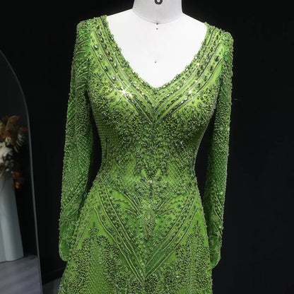 Lime Glow Full-Crystal Gown with Long Sleeves and V-Neckline