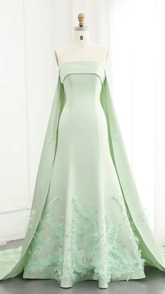 Luxury Crystal 3D flower Sage Green Evening Dress with Cape ns